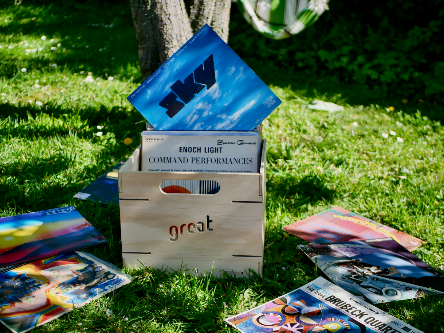 NZ-made Record Crate for vinyl storage in a grassy outdoor setting, displaying records.