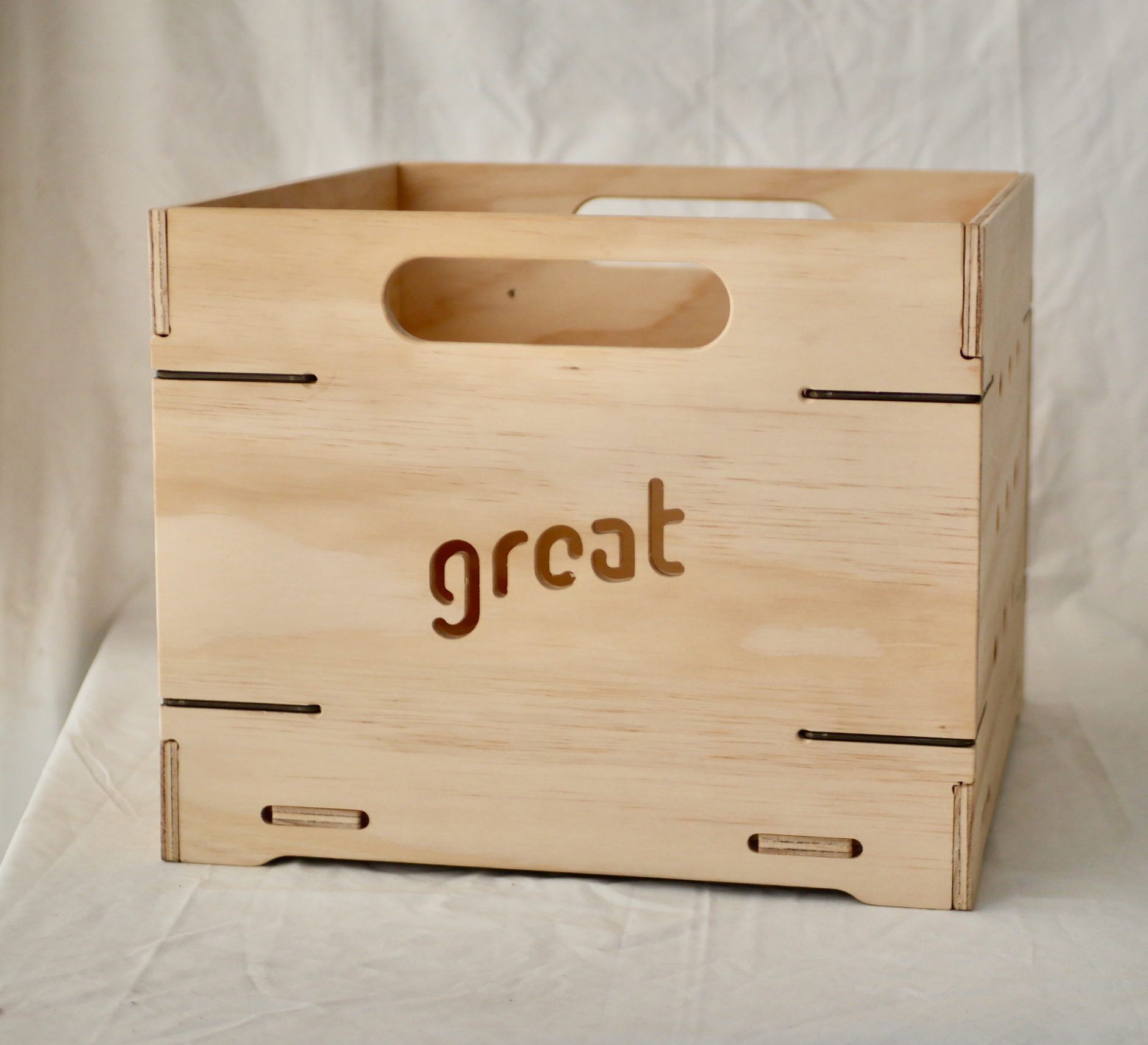 NZ-made wooden record crate for vinyl storage with handle, durable design.