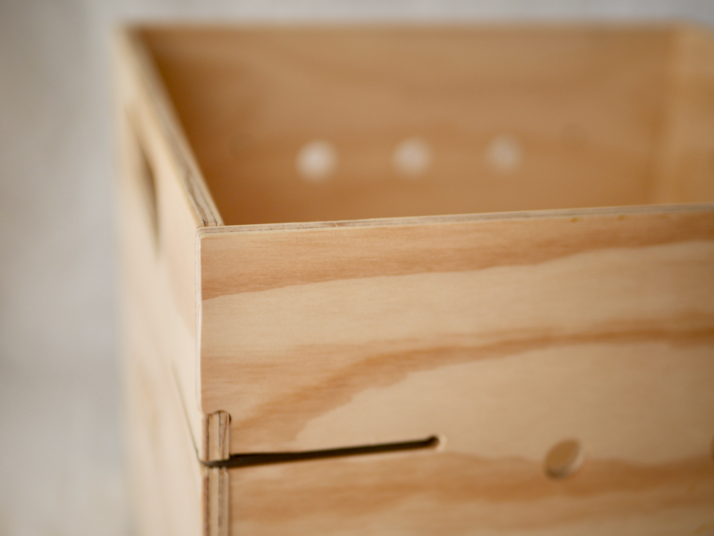 NZ-made vinyl storage box in plywood with beeswax and steel accents.