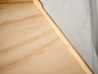 NZ-made plywood vinyl storage box with beeswax finish and Waiuku steel details.