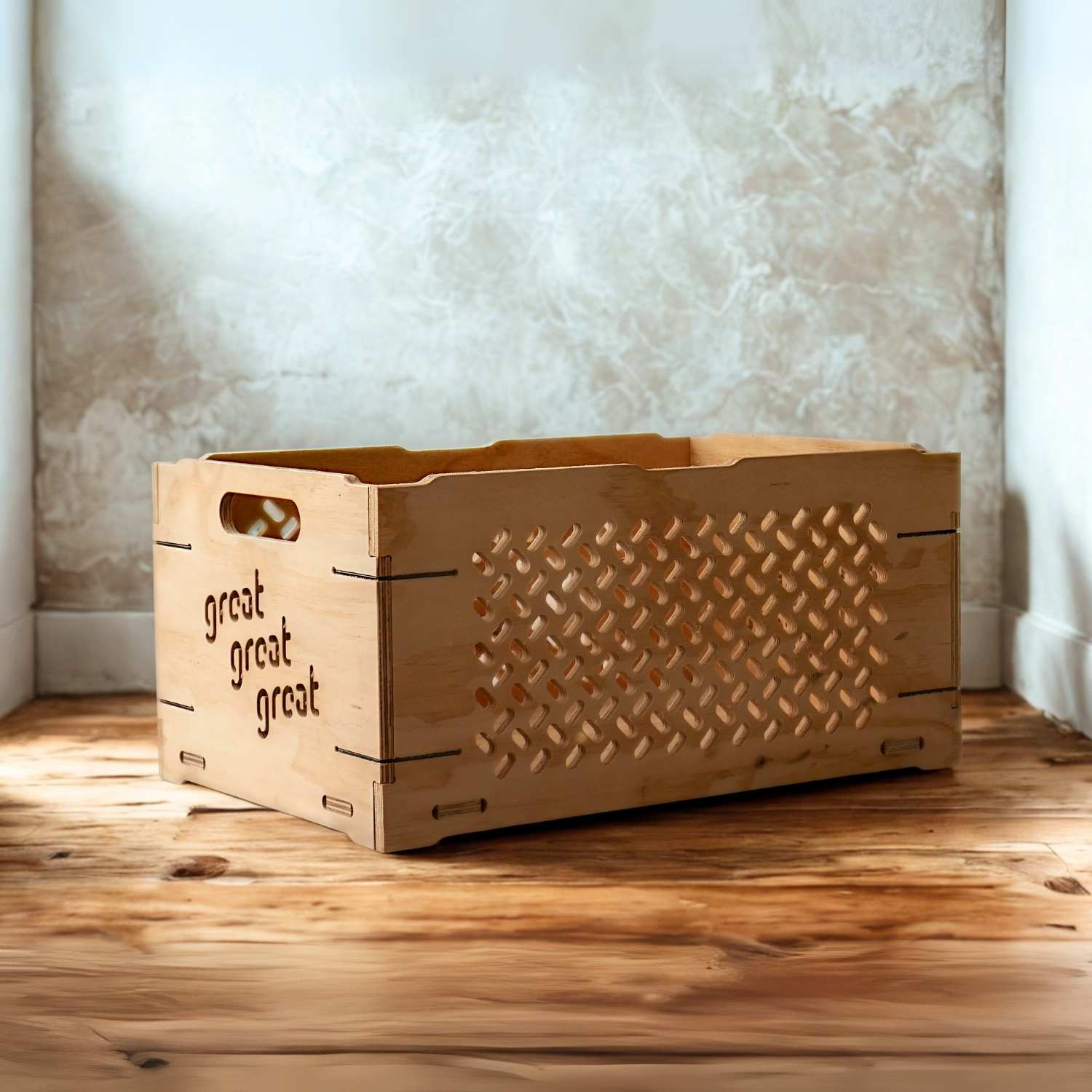 Great Crate 60L firewood storage crate made from durable wood for convenient firewood organisation
